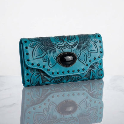 Aurora Hand-Tooled Wallet with Stone