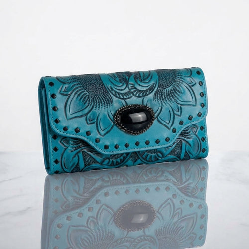 Aurora Hand-Tooled Wallet with Stone