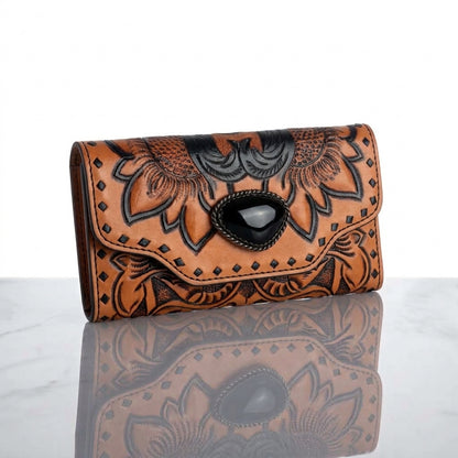 Aurora Hand-Tooled Wallet with Stone