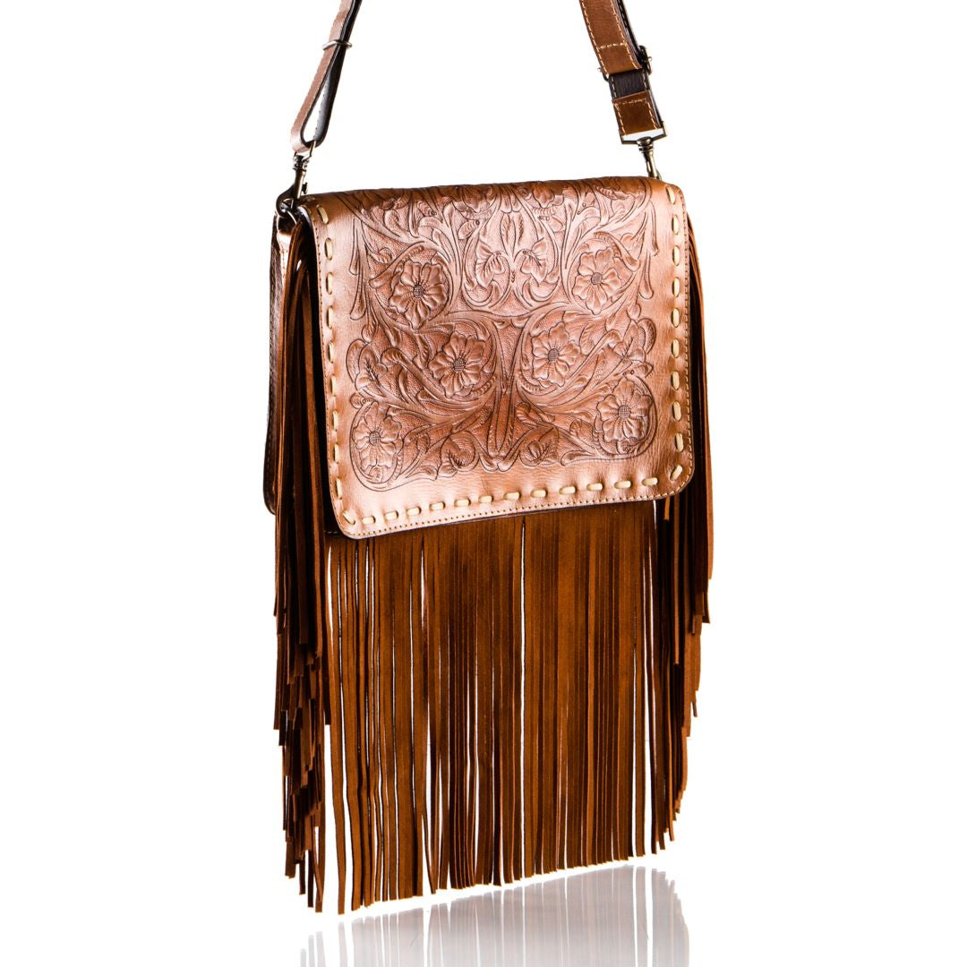 Totem Messenger Hand-Tooled Fringe Bag